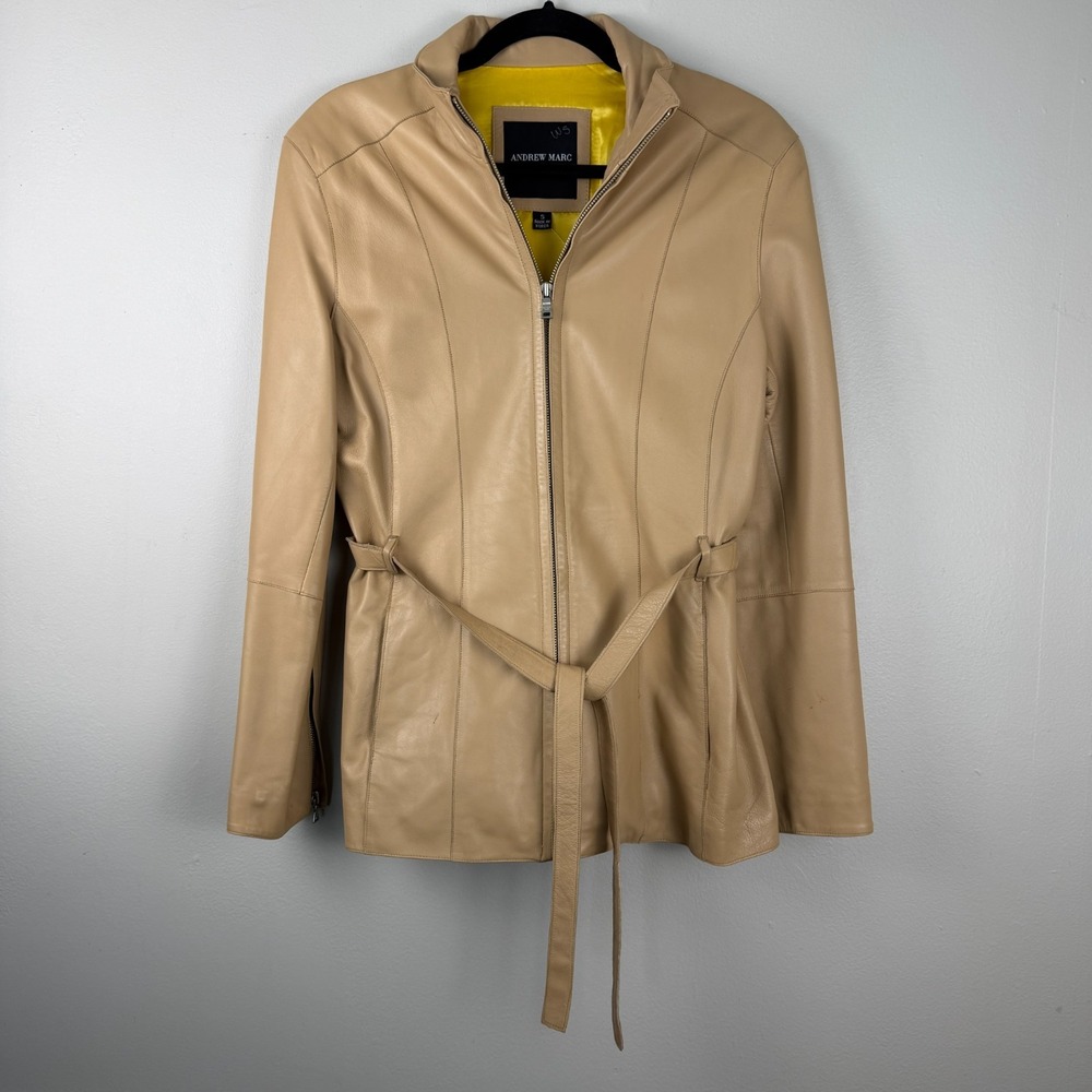 Andrew Marc New York Leather Jacket Women's Small Tan Tie Waist Outdoor Full Zip
